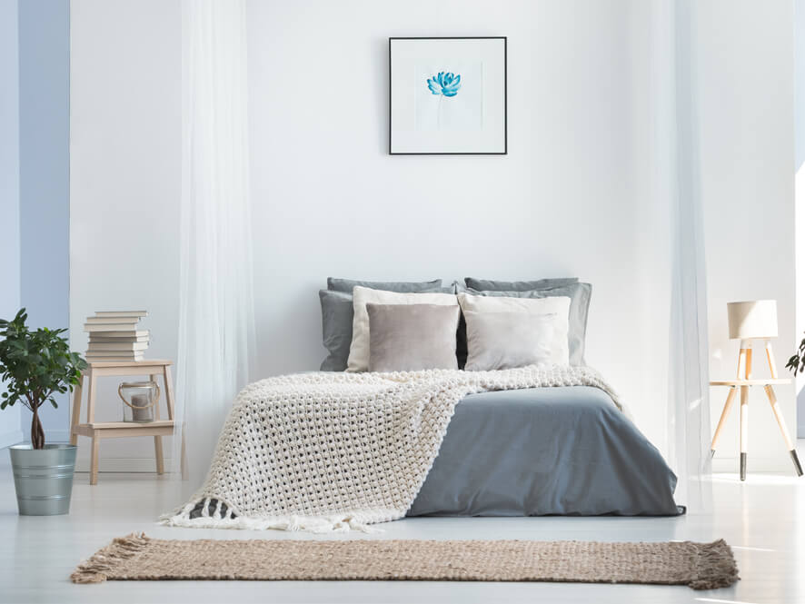 Light Blue Painted Bedroom Of Various Lighter Shades With Throw Rug